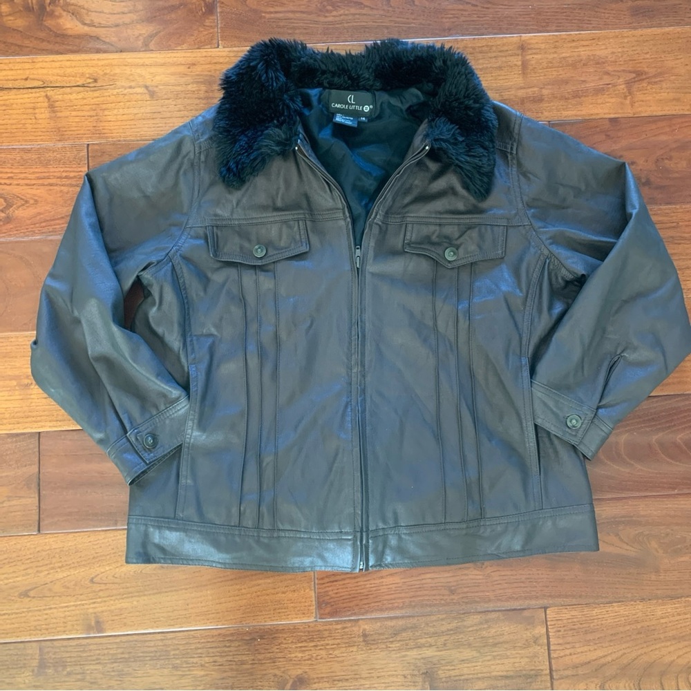 Carole Little Vegan Leather Bronze Black Bomber Jacket Faux-Fur Collar Size 14